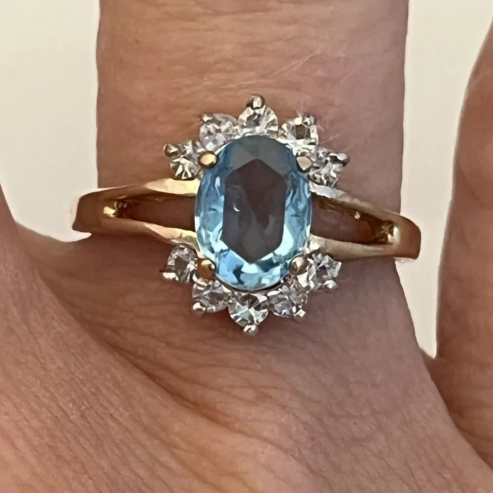 Vintage Ring Size 7 Blue CZ Cocktail Ring 14KT Gold Plate 14X